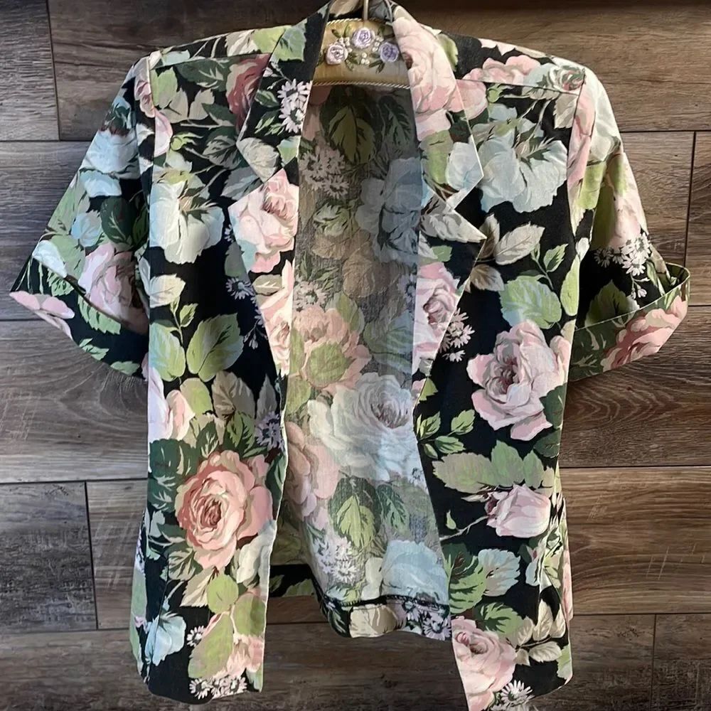 STUART BARRY Vintage Ladies Floral Open Front Jacket Cardigan Short Sleeve